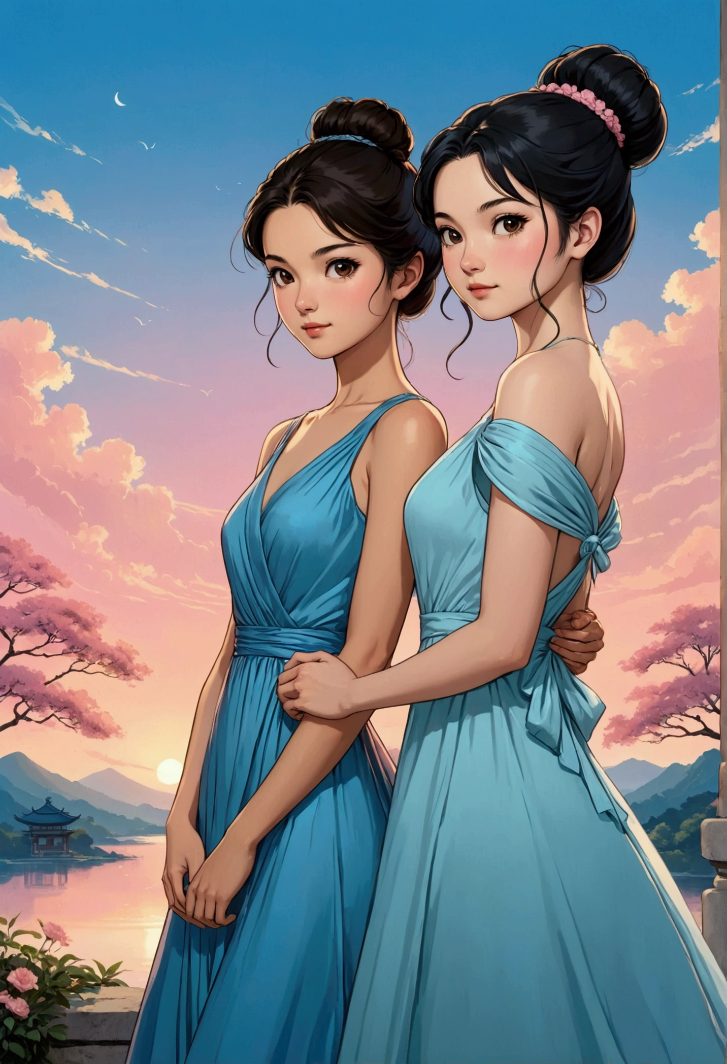 Two beautiful young women in the Sarah Kay style, in love, one with Asian features, WEARING HER LONG BLACK HAIR LOOSE, IN A PINK EVENING DRESS and next to her a young British woman with brown hair TIED IN A BUN, dressed in a LIGHT BLUE EVENING DRESS. Illustration, realistic, anime, poster, portrait photography
