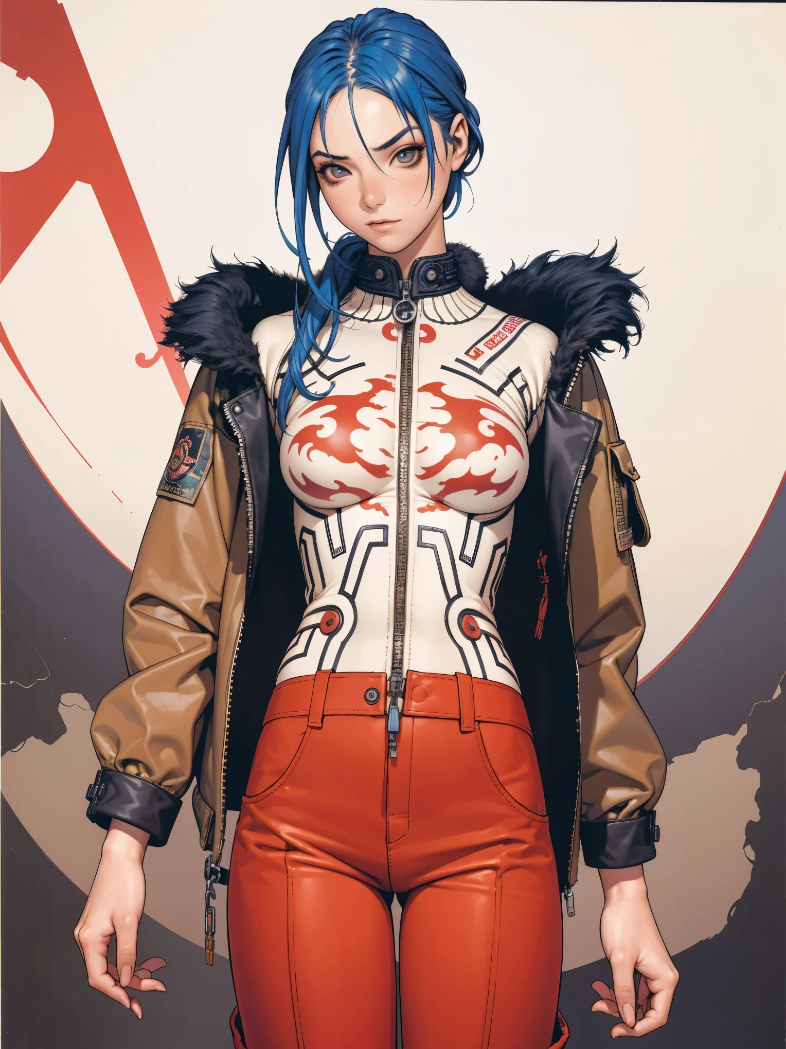(best qualityer))), (((manga strokes))), (((blue hair with red highlights))), (((baggy pants with bone print))), uma Kizi jovem muito bem vestida com roupas modernas de inverno, pants with military camouflage pattern, top gift vertical stripes, short jacket with dark fur collar, beautiful and expressive face, slightly-smile, big eyes with long black eyelashes, heavy make-up, chains and zippers spread across clothes, contrasting colours, pose de atitude, hair with a modern and futuristic cut, urban game poster art, dramatic camera angles, graffiti art elements in the background, design mixing contemporary and retro by Shepard Fairey, (((cowboy shot))), (((best qualityer: 1.4))), (Unbeatable masterpiece), (hiper HD),(CG 8k hyper-realistic), Kizi, (((standing alone))), pirralha violent, ((())), sexly, pose de atitude, work of art, post-apocalypse, (((manga style))), bounty hunter, violent, Manic, the way you want, slenderbody, thin but strong, perfectbody, roupa moderna, advanced technology, neon, sleeves with vertical striped pattern, neutral background, (( cowboy shot )). intricate visual