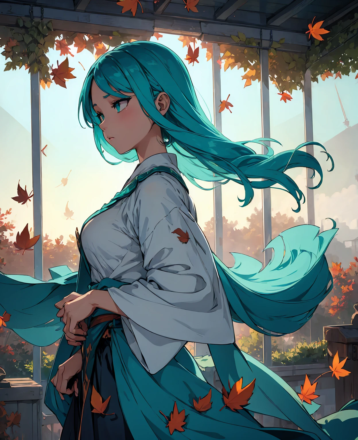 (High Detail:1.2)Anime Girl,(Cinematic Lighting,Delicate Colors),(Falling Leaves:1.2), Calm Lighting, Wind, Fog. Turquoise, delta shades. discord banner  