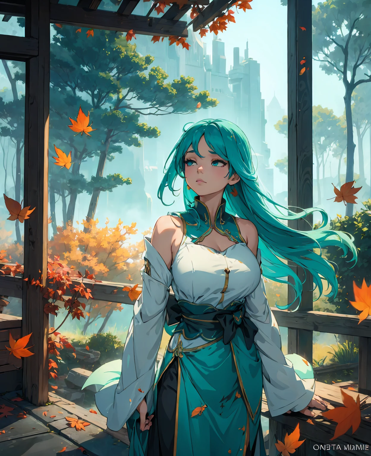 (High Detail:1.2)Anime Girl,(Cinematic Lighting,Delicate Colors),(Falling Leaves:1.2), Calm Lighting, Wind, Fog. Turquoise, delta shades. discord banner  