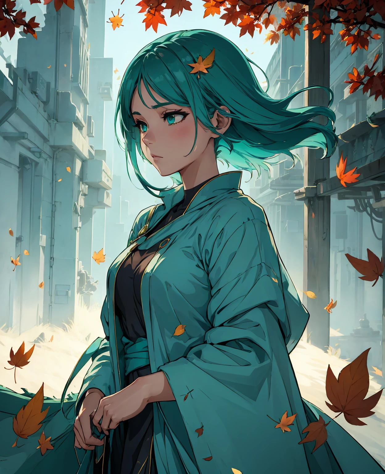 (High Detail:1.2)Anime Girl,(Cinematic Lighting,Delicate Colors),(Falling Leaves:1.2), Calm Lighting, Wind, Fog. Turquoise, delta shades. discord banner  