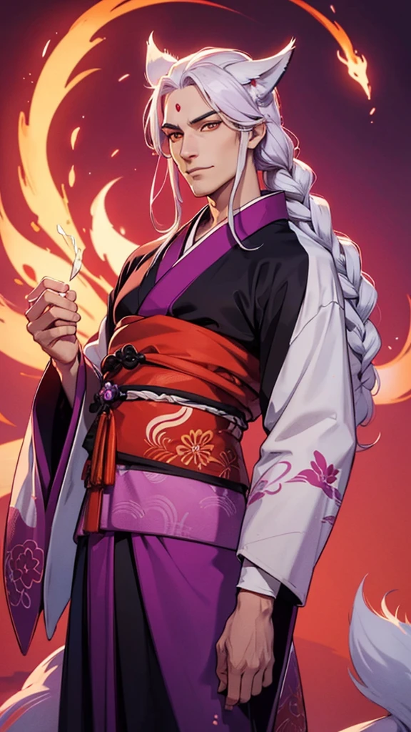 The man is a nine-tailed kitsune fox, white long hair gathered in a loose braid. black soulless eyes . He is dressed in an open kimono in red and purple shades . The expression is haughty with a slight smile.
man