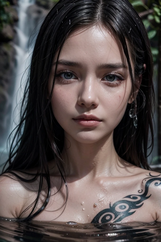 Macro portrait from top to bottom woman twenty-five years old tattooed wet hair in a waterfall water drops splash The background is dark, creating a striking contrast to the woman's bright, ethereal appearance. The image evokes a sense of mysticism and surreal beauty, with a cold atmosphere and blue contrast.