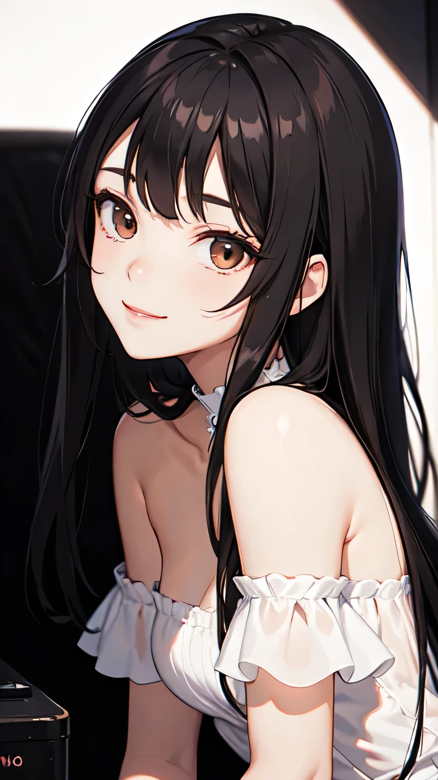 Ultra-high resolution,8k,night,One beautiful girl,Long Hair,Brown eyes,Warm smile,Almond Eye,Right side,Side Lighting,White off-the-shoulder dress,Face only up