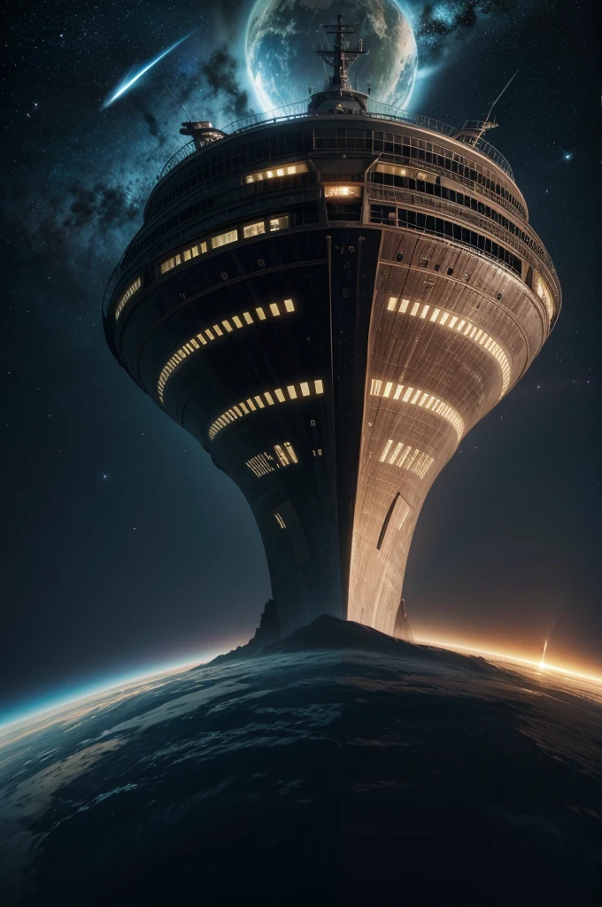 An image of a colossal sized ark-shaped spaceship, floating in space with planet Earth in the background. The ship must have an imposing and massive structure, with a futuristic and aerodynamic design. Large thrusters are located at the rear of the ship, emitting an intense and bright light, suggesting the power needed to move such a vast structure. The surface of the ship must have intricate details, as metal panels, antennae, and small lights indicating indoor activity. Planet Earth in the background should be clearly visible, with continents and oceans outlined, shrouded in the darkness of space. The image must convey the grandeur of the ship and the immensity of space, with a touch of mystery and technological advancement.