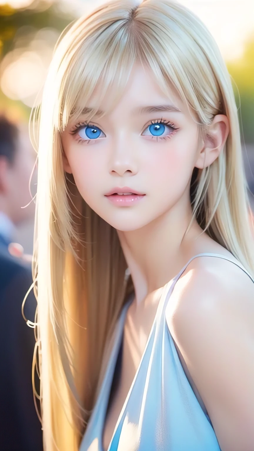 Crystal clear and shiny skin、Cute 13 year old with beautiful face、Very large, beautiful, bright, pale sky blue eyes、Very big eyes、Super long straight hair that shines in the light、Long, silky bangs that cover her cute eyes、Hair that hides sexy features、too long bangs、Sexy and cute young beauty、Super long natural young blonde hair with sparkling highlights Blonde over one eye Blonde over one eye、Blonde hair between the eyes