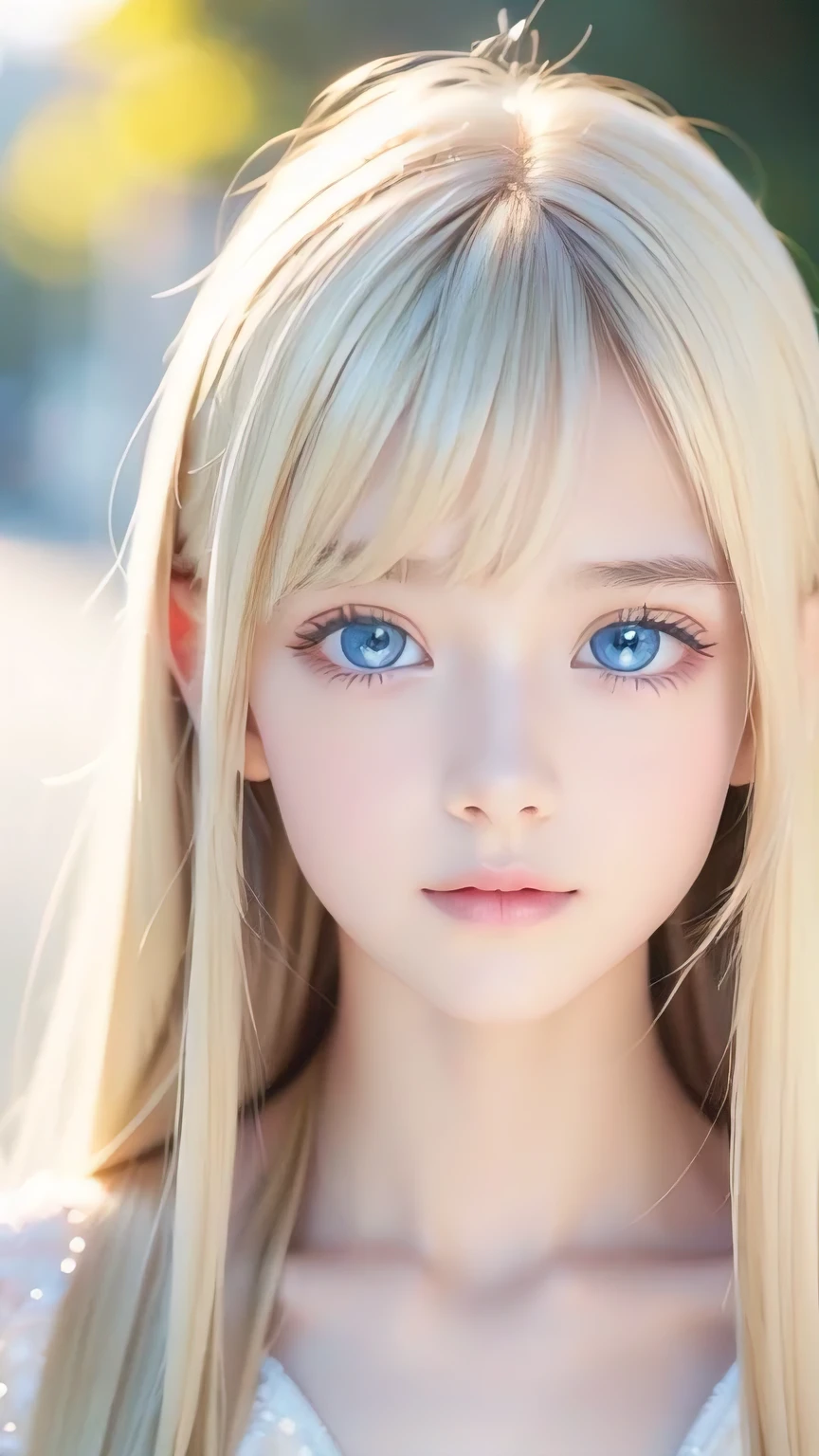 Crystal clear and shiny skin、Cute 13 year old with beautiful face、Very large, beautiful, bright, pale sky blue eyes、Very big eyes、Super long straight hair that shines in the light、Long, silky bangs that cover her cute eyes、Hair that hides sexy features、too long bangs、Sexy and cute young beauty、Super long natural young blonde hair with sparkling highlights Blonde over one eye Blonde over one eye、Blonde hair between the eyes