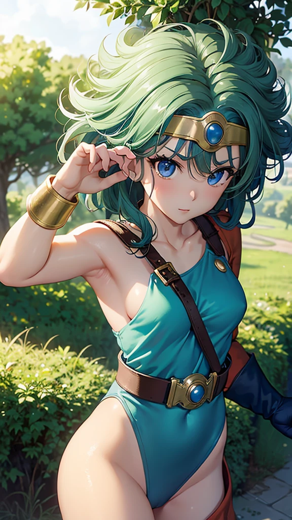 （（（ＳＦＷ、sound、Highest quality、First class work、Normal body、、Detailed face、Ultra-precision、Normal hand、通常のrefer to、５refer to、Highest）））、beautiful girl、Black Hair、yamato nadeshiko、Small breasts、Shortcuts、Blue leotard、Shoulder Off、Black paleo skirt、Red Cape、Circlet、Bastard sword、shield、Dragon Quest、grassland、Depict every detail、Noise is kept to a minimum、(((Anatomically correct))),(((Hurrah)))
