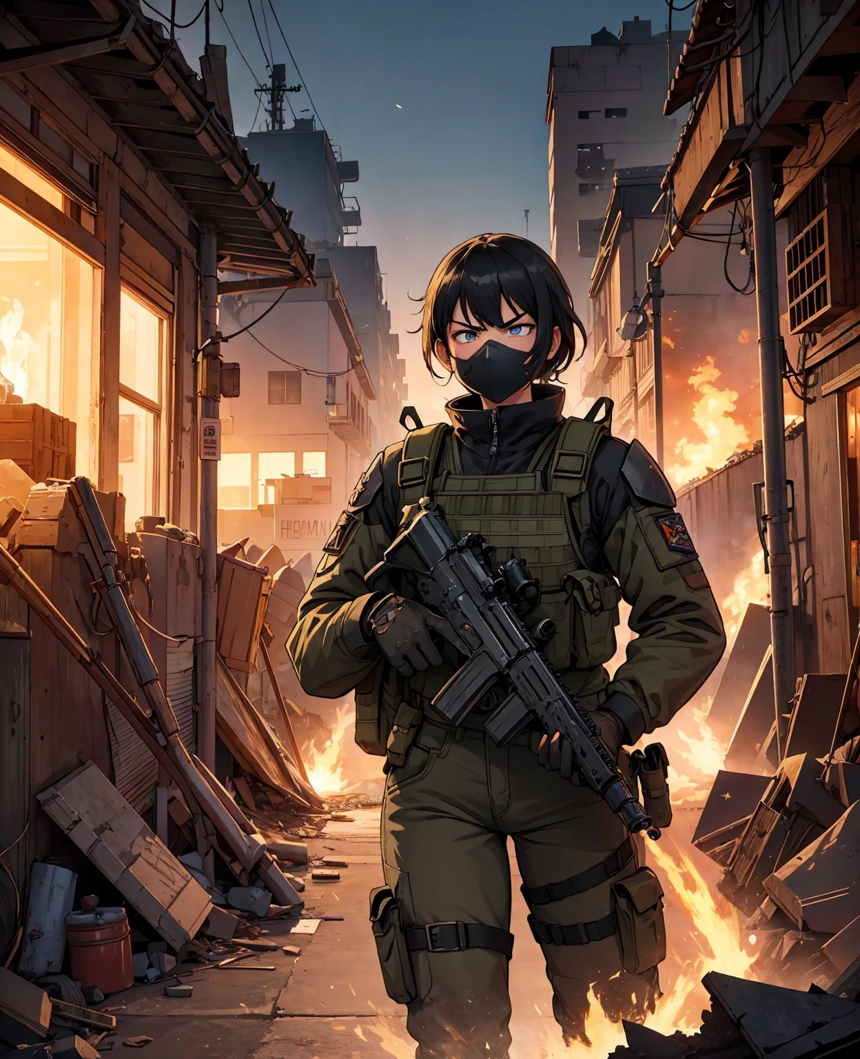 STAR15Mod, (masterpiece), (best quality), (ultra-detailed), (best illustration),(best shadow), looking at viewer, cowboy shot, fiery destroyed city background, tactical gear, tactical pouches, (gas mask:0.8), tactical armor, assault rifle, holstered handgun, (frown:1.3)