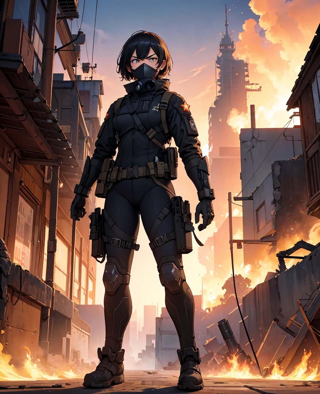 STAR15Mod, (masterpiece), (best quality), (ultra-detailed), (best illustration),(best shadow), looking at viewer, cowboy shot, fiery destroyed city background, tactical gear, tactical pouches, (gas mask:0.8), tactical armor, assault rifle, holstered handgun, (frown:1.3)