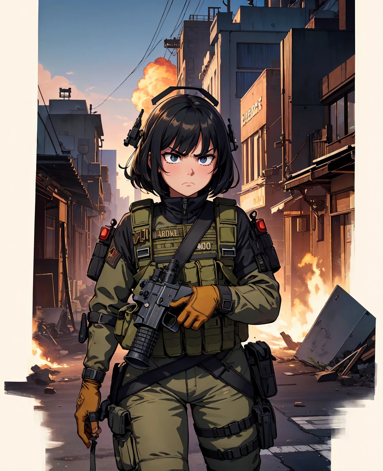 STAR15Mod, (masterpiece), (best quality), (ultra-detailed), (best illustration),(best shadow), looking at viewer, cowboy shot, fiery destroyed city background, tactical gear, tactical pouches, (gas mask:0.8), tactical armor, assault rifle, holstered handgun, (frown:1.3)