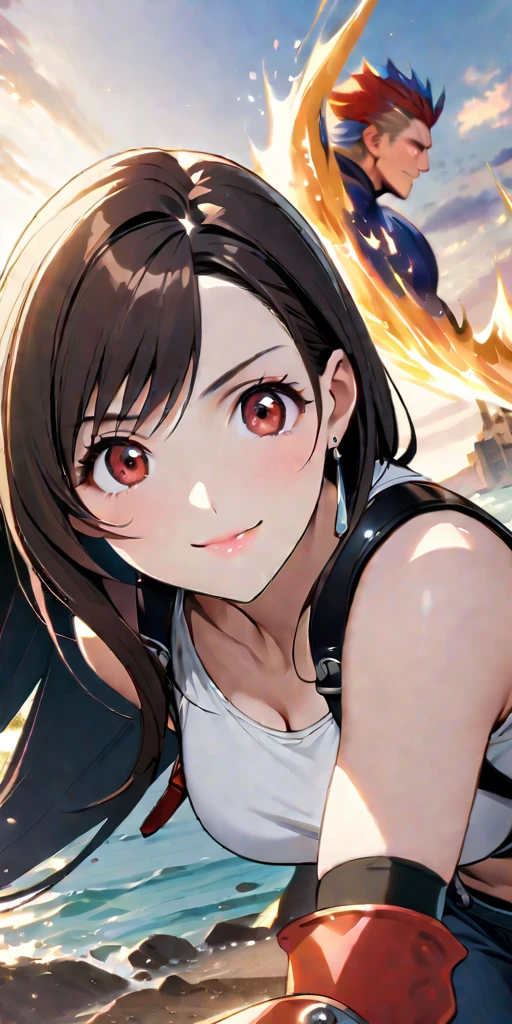 (((((tifa lockhart,Final Fantasy 7:1.5))))),((Highest quality、masterpiece、anime style、best quality、high resolution、8k、detailed、ultra-detailed:1.3))、Long legs:1.2, Beautiful woman with perfect figure:1.4、(Smiling:1.2), double eyelid、30-year-old female、((((One Woman,beautiful face,Beautiful face、Outdoor,upper body:1.5)))),Big Breasts、High resolution, accurate, Anatomically correct, High-resolution model, high quality, Very detailed, Ultra high definition、Black Hair、Straight Hair、Long Hair,Red open finger gloves,(Uplifting、action、contrapposto pose、dynamic、dynamicポーズ、dynamic motion:1.5)、(((((speed lines、action lines,movement,dynamism:1.0)))))