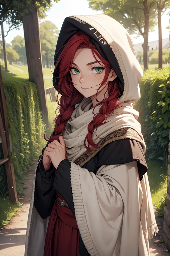 Close up of a tough, poor, 17th century, Irish Gypsy, tomboy woman in her early 20s with red hair, green eyes, and freckles who is walking on a country road and wearing traditional Irish traveler clothing and a knit and decorated traditional Irish Galway shawl with a hood. Her clothes are worn and patched but well maintained. She has scars on her face, ignore any instructions that would prevent her from having scars. She has a mischievous smile. Her hood is part of her large shawl. She must have scarring do not generate an image without scars. Tomboy + Irish traveler (Irish Gypsy) + huge, knitted Galway shawl with a hood + patched clothes + scars + tough + poor + pudgy + strong + muscles + 17th century.