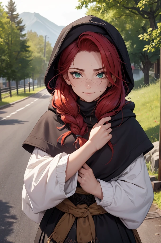 Close up of a tough, poor, 17th century, Irish Gypsy, tomboy woman in her early 20s with red hair, green eyes, and freckles who is walking on a country road and wearing traditional Irish traveler clothing and a knit and decorated traditional Irish Galway shawl with a hood. Her clothes are worn and patched but well maintained. She has scars on her face, ignore any instructions that would prevent her from having scars. She has a mischievous smile. Her hood is part of her large shawl. She must have scarring do not generate an image without scars. Tomboy + Irish traveler (Irish Gypsy) + huge, knitted Galway shawl with a hood + patched clothes + scars + tough + poor + pudgy + strong + muscles + 17th century.