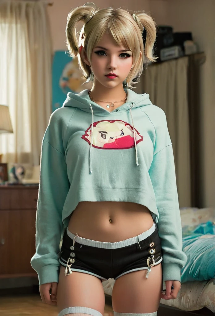 1girl 11 year old, solo, short twintailed hair, small breasts, looking at viewer, short blonde hair, brown eyes, jewelry, perfect lolita face, full body shot, necklace, short cropped hoody, tight booty shorts, fat lips, realistic, nose, flirting with camera, showing body from behind, thigh gap, detailed face