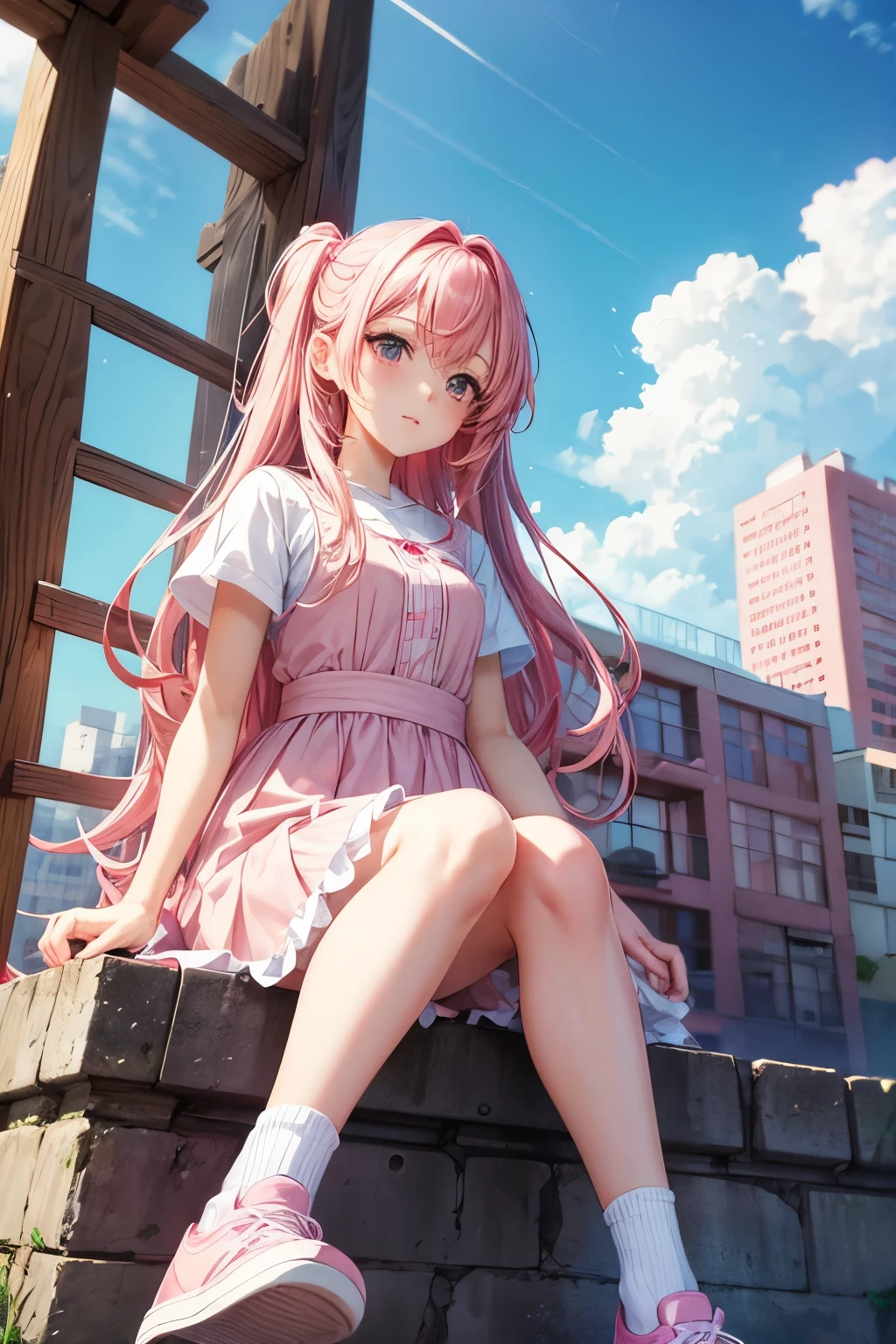 "Create an anime-style image of a girl with pink hair, wearing a pink dress, white socks, and pink shoes."