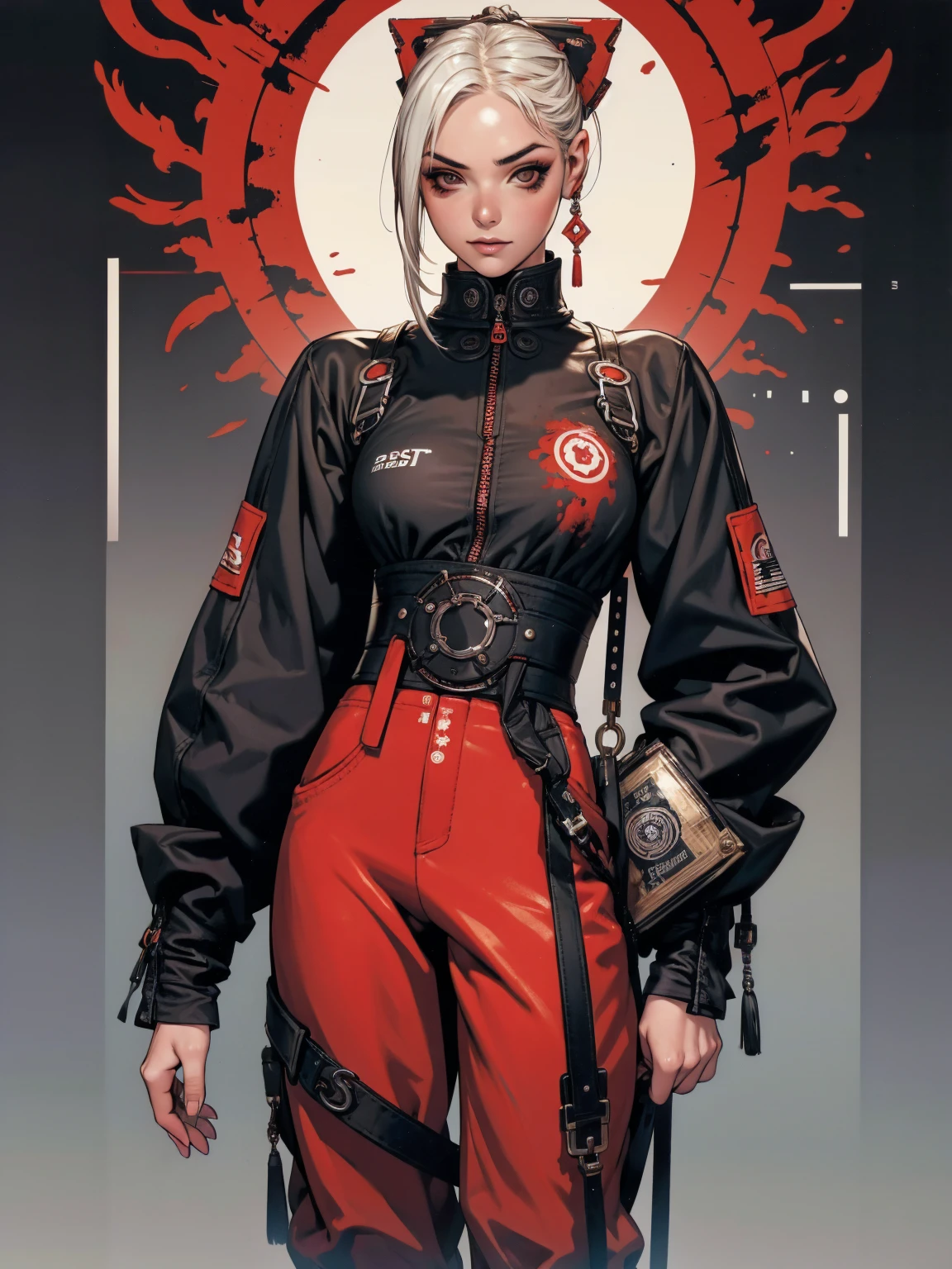 (best qualityer))), (((manga strokes))), (((white hair with red highlights))), (((baggy pants with bone print))), uma Kizi jovem muito bem vestida com roupas modernas de inverno, pants with military camouflage pattern, top gift vertical stripes, short jacket with dark fur collar, beautiful and expressive face, slightly-smile, big eyes with long black eyelashes, heavy make-up, chains and zippers spread across clothes, contrasting colours, pose de atitude, hair with a modern and futuristic cut, urban game poster art, dramatic camera angles, graffiti art elements in the background, design mixing contemporary and retro by Shepard Fairey, (((cowboy shot))), (((best qualityer: 1.4))), (Unbeatable masterpiece), (hiper HD),(CG 8k hyper-realistic), Kizi, (((standing alone))), pirralha violent, (((14歳))), sexly, pose de atitude, work of art, post-apocalypse, (((manga style))), bounty hunter, violent, Manic, the way you want, slenderbody, thin but strong, perfectbody, roupa moderna, advanced technology, neon, sleeves with vertical striped pattern, neutral background, (( cowboy shot )). intricate visual