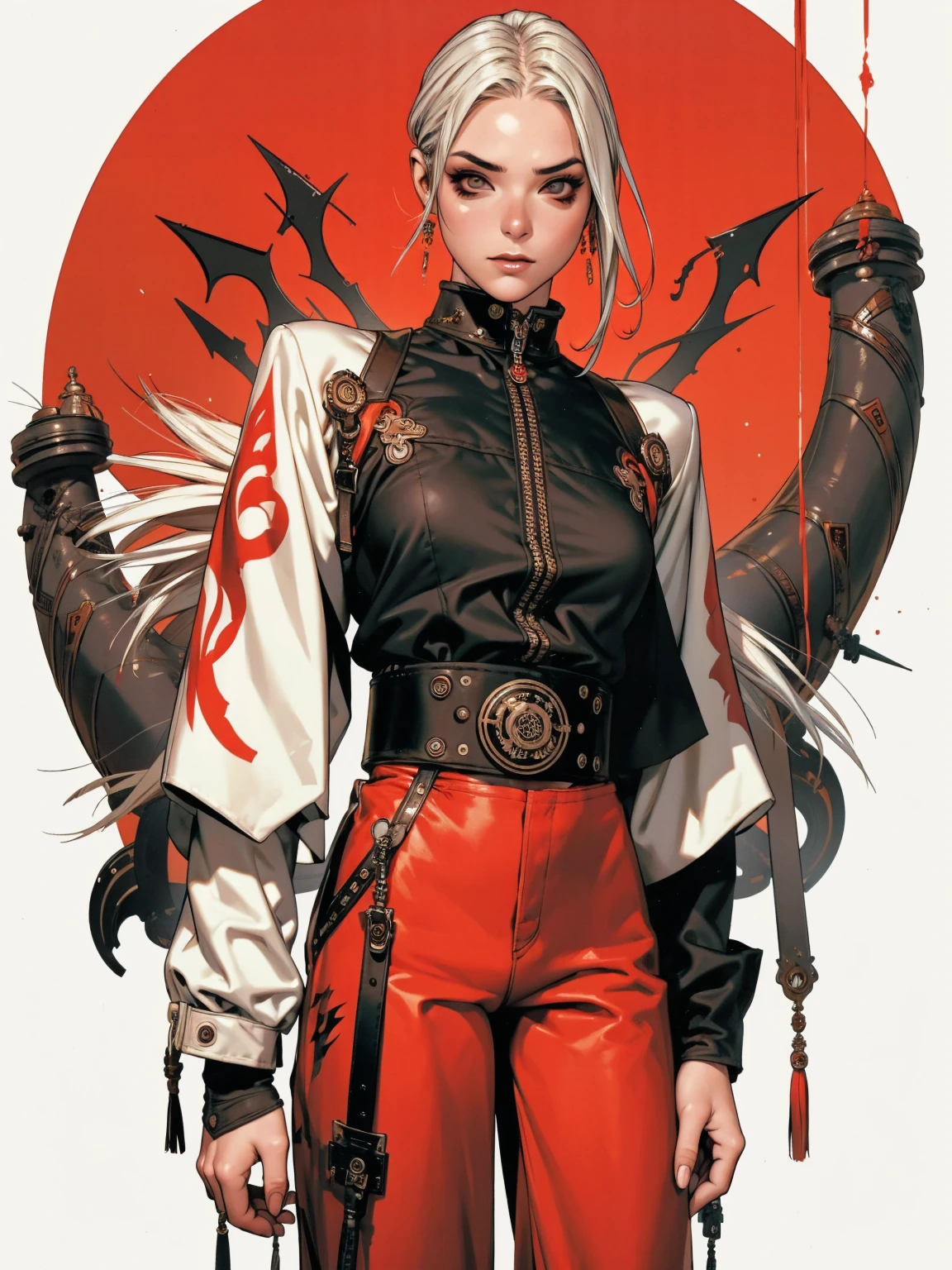 (best qualityer))), (((manga strokes))), (((white hair with red highlights))), (((baggy pants with bone print))), uma Kizi jovem muito bem vestida com roupas modernas de inverno, pants with military camouflage pattern, top gift vertical stripes, short jacket with dark fur collar, beautiful and expressive face, slightly-smile, big eyes with long black eyelashes, heavy make-up, chains and zippers spread across clothes, contrasting colours, pose de atitude, hair with a modern and futuristic cut, urban game poster art, dramatic camera angles, graffiti art elements in the background, design mixing contemporary and retro by Shepard Fairey, (((cowboy shot))), (((best qualityer: 1.4))), (Unbeatable masterpiece), (hiper HD),(CG 8k hyper-realistic), Kizi, (((standing alone))), pirralha violent, (((14歳))), sexly, pose de atitude, work of art, post-apocalypse, (((manga style))), bounty hunter, violent, Manic, the way you want, slenderbody, thin but strong, perfectbody, roupa moderna, advanced technology, neon, sleeves with vertical striped pattern, neutral background, (( cowboy shot )). intricate visual