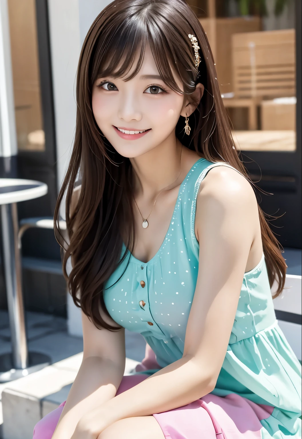 masterpiece、Highest quality、whole body、One Girl、bangs、Japanese、黒髪のLong Hair、Long Hair、Gazing at the audience、Dot pattern、Tank top、Cafe、Chair、smile、alone、Stylish woman、Pastel colored outfits、front、Luxury background elements、Confident expression、Modern and trendy、Fashion focused