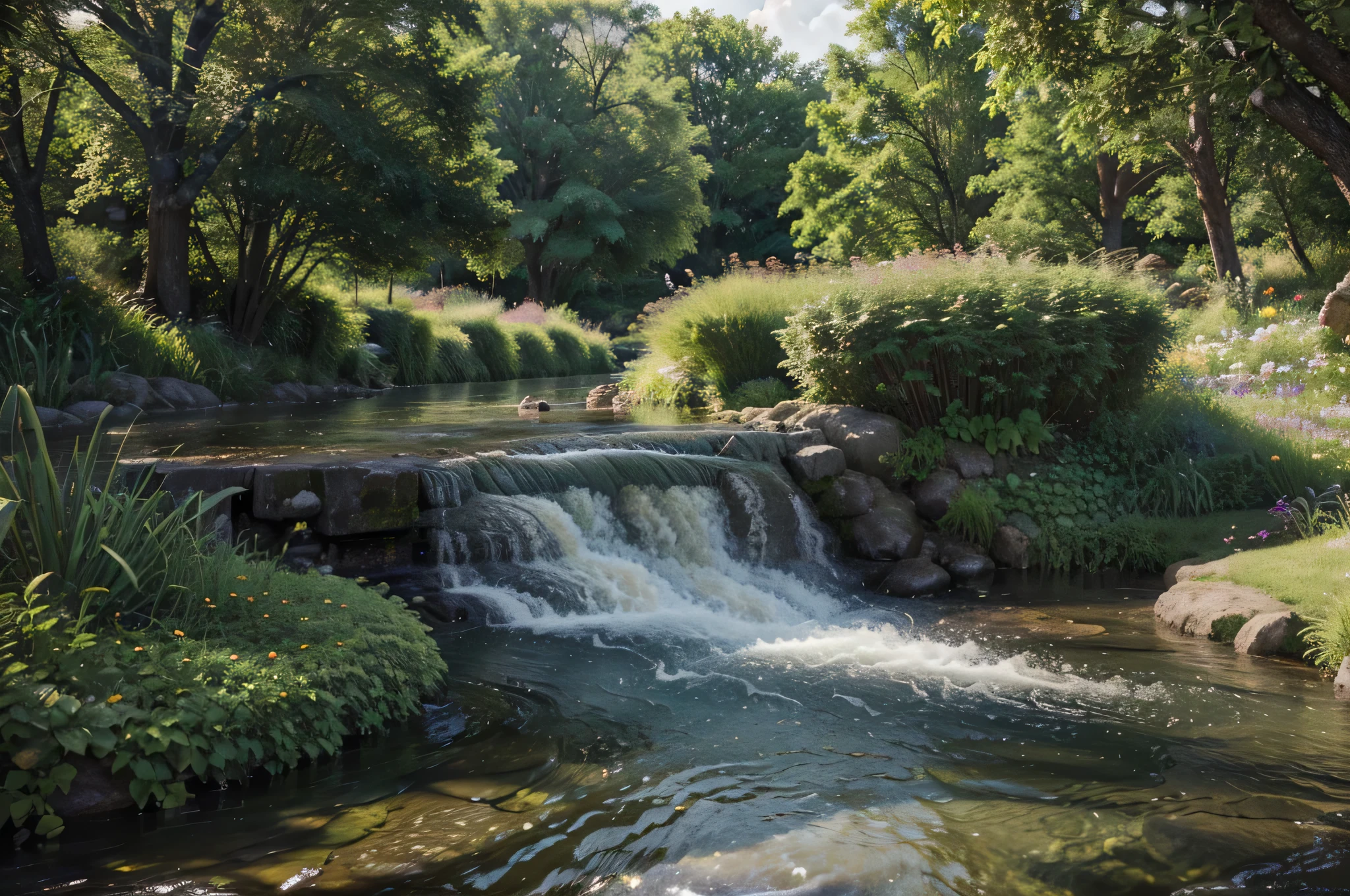 Please create and image of a beautiful garden of Eden with rivers flowing through: "masterpiece,Best Quality ,Ultra detail, high resolution, hight resolution,4K,Portrait in 4K,8k,8k Portrait,Unity 8k Wallpaper ,extremely details CG,Realistic,Raw photo ,real river and lush vegetation of the garden of Eden, a portrait photo of,Photorealistic,Detailed, increase image to 4048*4048 resolution. Create hyper-realistic highly detailed lifelike image," large flowing river with vegetation on both side.