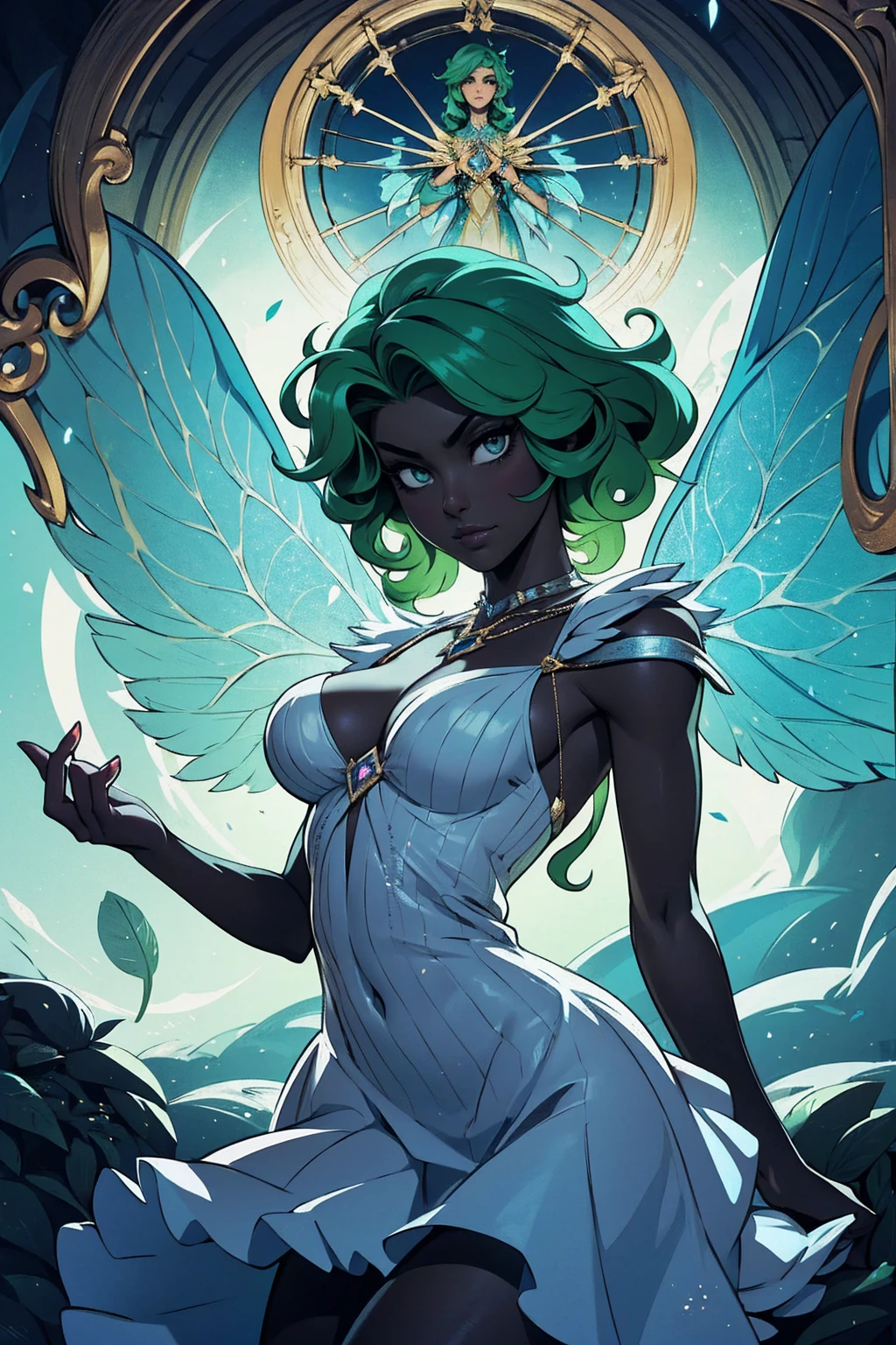 (Absurd, high quality, ultra -compared, careful with the hand) fairy, fairy wings, dreamer body, vivid, romantic and all. Optimistic face, just lies, without entry and intellectual. Reckless style, cold heart, impatient and too confident. Gray eyes, ripe and dark (eyes of the eyes), enchanted fairy (pixie) . Wearing white clothes, medium curly hair, green hair. In the carnival row illustration, flying, dancing lithgly, Whole body, black skin (black skin), flying