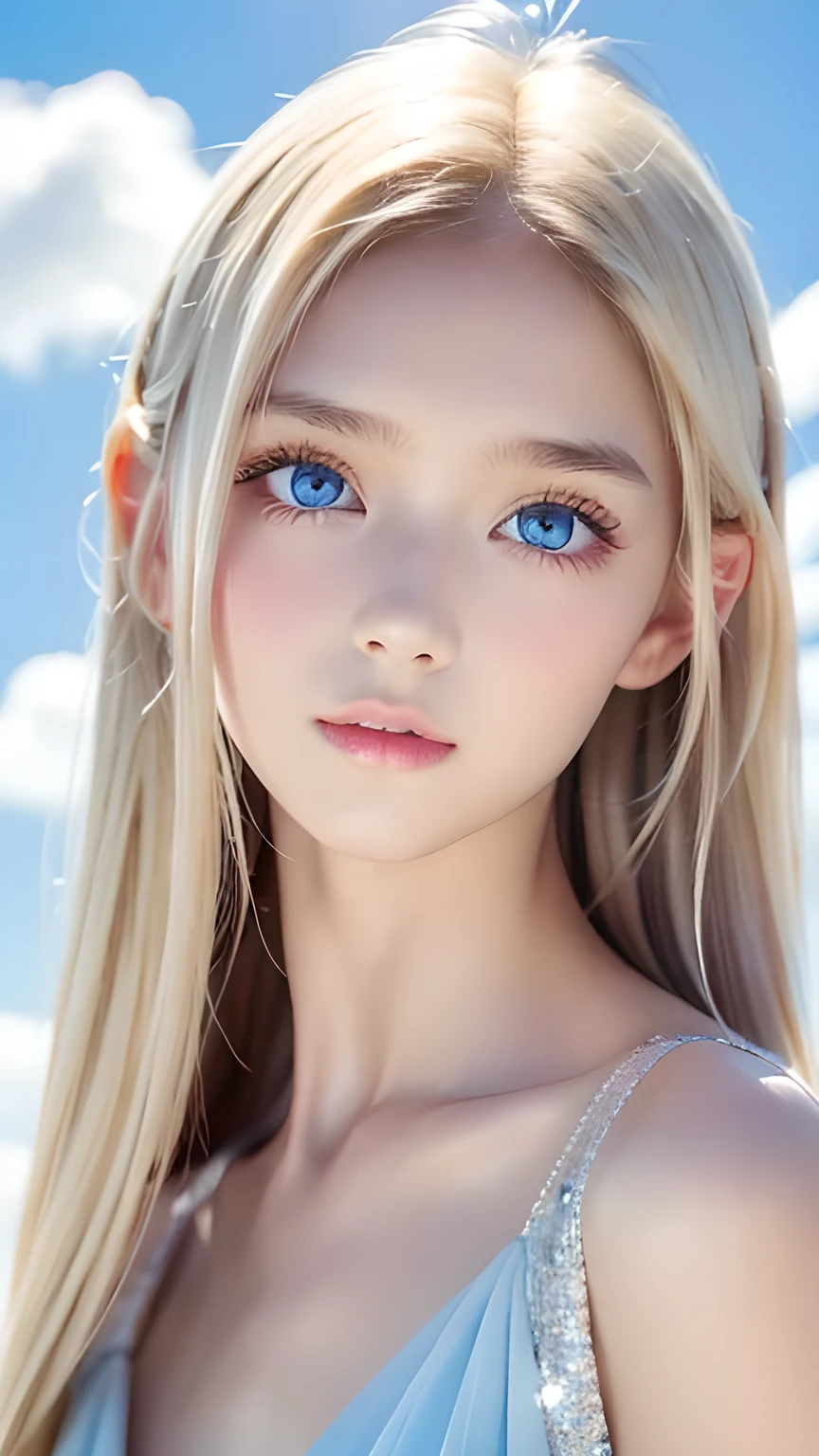 Crystal clear and shiny skin、Cute 13 year old with beautiful face、Very large, beautiful, bright, pale sky blue eyes、Very big eyes、Super long straight hair that shines in the light、Long, silky bangs that cover her cute eyes、Hair that hides sexy features、too long bangs、Sexy and cute young beauty、Super long natural young blonde hair with sparkling highlights Blonde over one eye Blonde over one eye、Blonde hair between the eyes