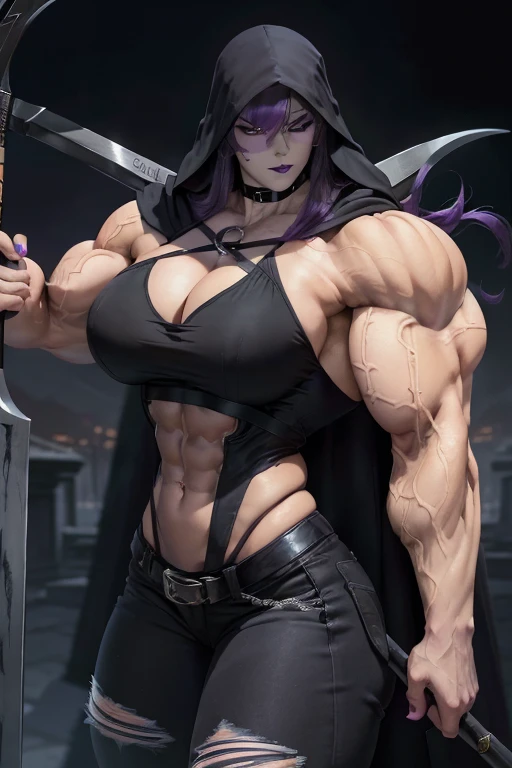 (((Close-up))), tall, (violet purple hair) beautiful muscular female grim reaper, long hair with long bangs, pale white skinned, closed smile, large breast, (black lipstick), (massive muscles), (hyper muscle), ((ginormous bulky muscles)), black eyes, (((black reaper cloak))), (black jeans), ((holding a crescent scythe)), gauntlets, choker, boots, (in a dark realm)