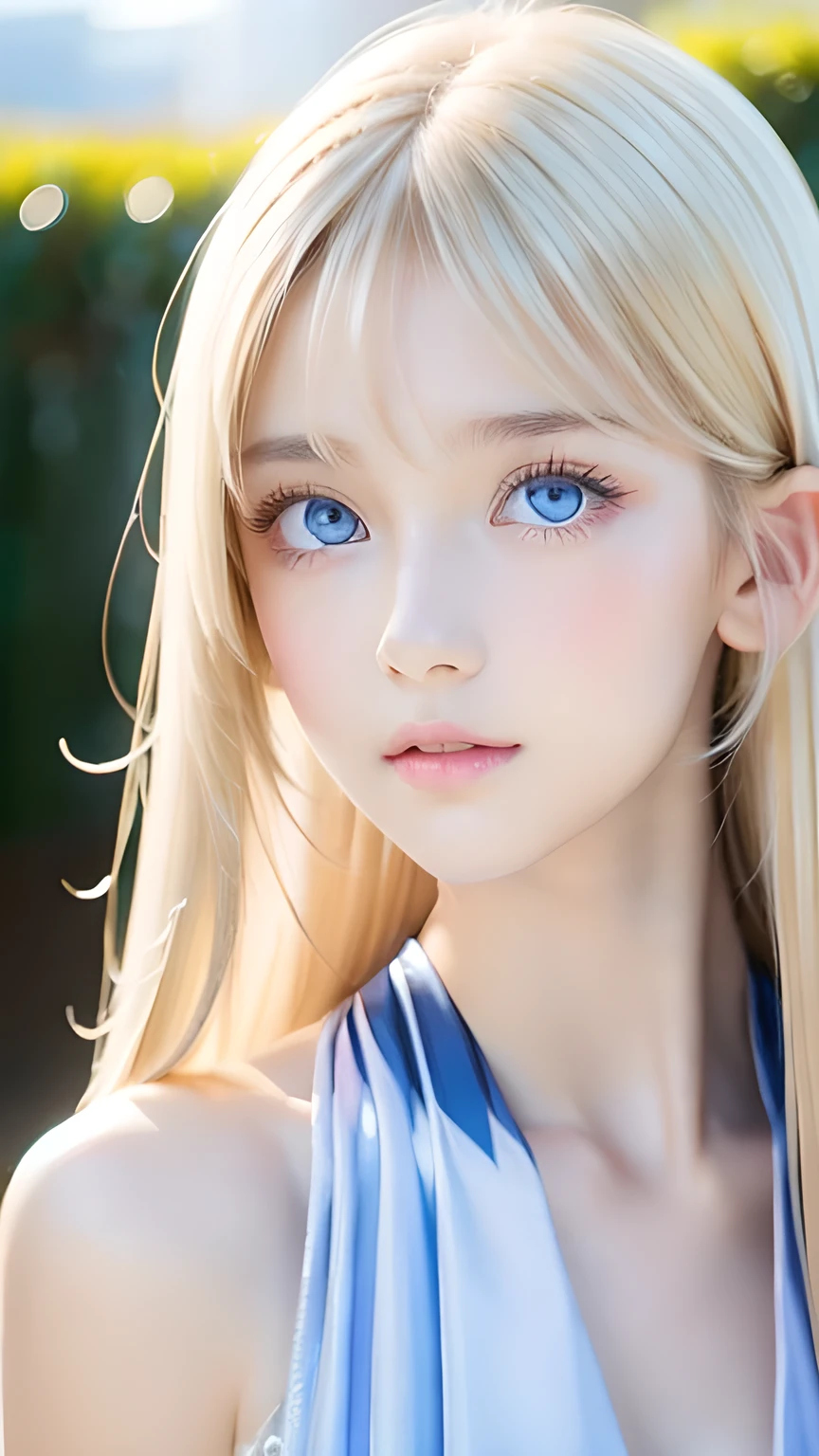 Crystal clear and shiny skin、Cute 13 year old with beautiful face、Very large, beautiful, bright, pale sky blue eyes、Very big eyes、Super long straight hair that shines in the light、Long, silky bangs that cover her cute eyes、Hair that hides sexy features、too long bangs、Sexy and cute young beauty、Super long natural young blonde hair with sparkling highlights Blonde over one eye Blonde over one eye、Blonde hair between the eyes