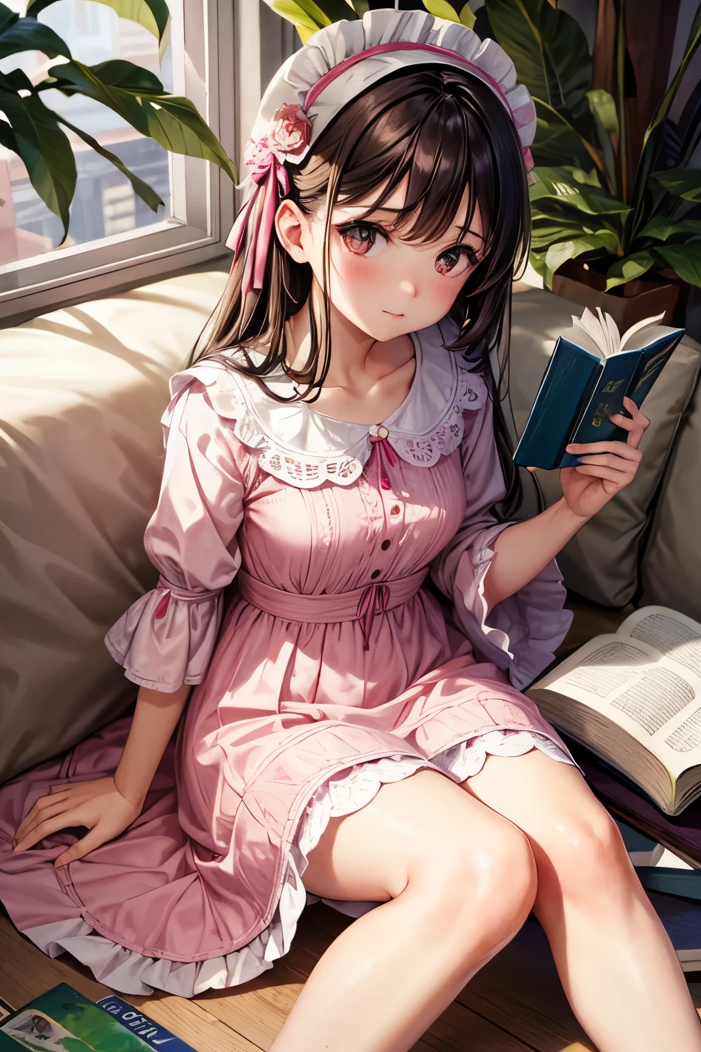 Make a girl wearing a pink dress sitting reading a book next to a tree