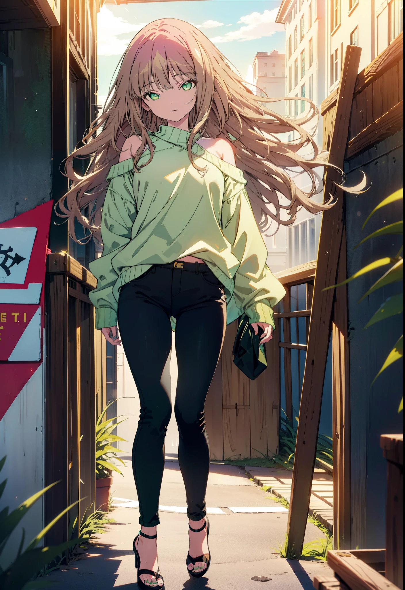 minami yume ,sss Dynazenon ,Long Hair, Brown Hair, (Green Eyes:1.5) ,smile,Open your mouth,Mid-chest,One-shoulder sweater,Skinny jeans,Stiletto heels,Walking,The sun is rising,morning,morning陽,whole bodyがイラストに入るように,
break looking at viewer, whole body,
break outdoors, Building district,
break (masterpiece:1.2), Highest quality, High resolution, unity 8k wallpaper, (shape:0.8), (Beautiful and beautiful eyes:1.6), Highly detailed face, Perfect lighting, Highly detailed CG, (Perfect hands, Perfect Anatomy),