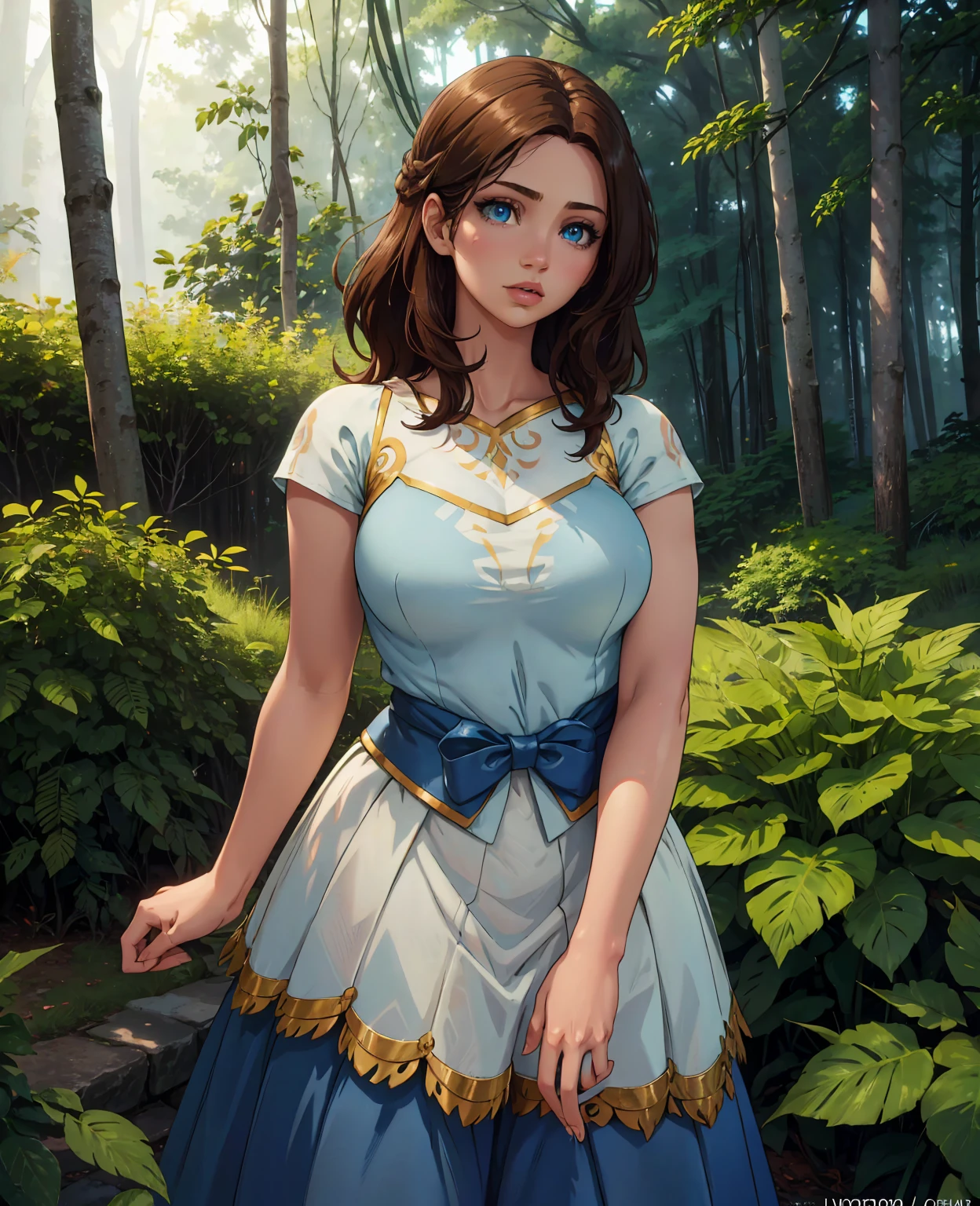 a beautiful young woman with long brown hair, stunning blue eyes, delicate facial features, wearing a blue and white outfit, standing in a lush forest setting, (best quality,4k,8k,highres,masterpiece:1.2),ultra-detailed,(realistic,photorealistic,photo-realistic:1.37),detailed eyes,long eyelashes,beautiful detailed lips,extremely detailed face,1girl,fantasy,pokemon,video game,character,game art,digital art,vibrant colors,natural lighting,cinematic composition