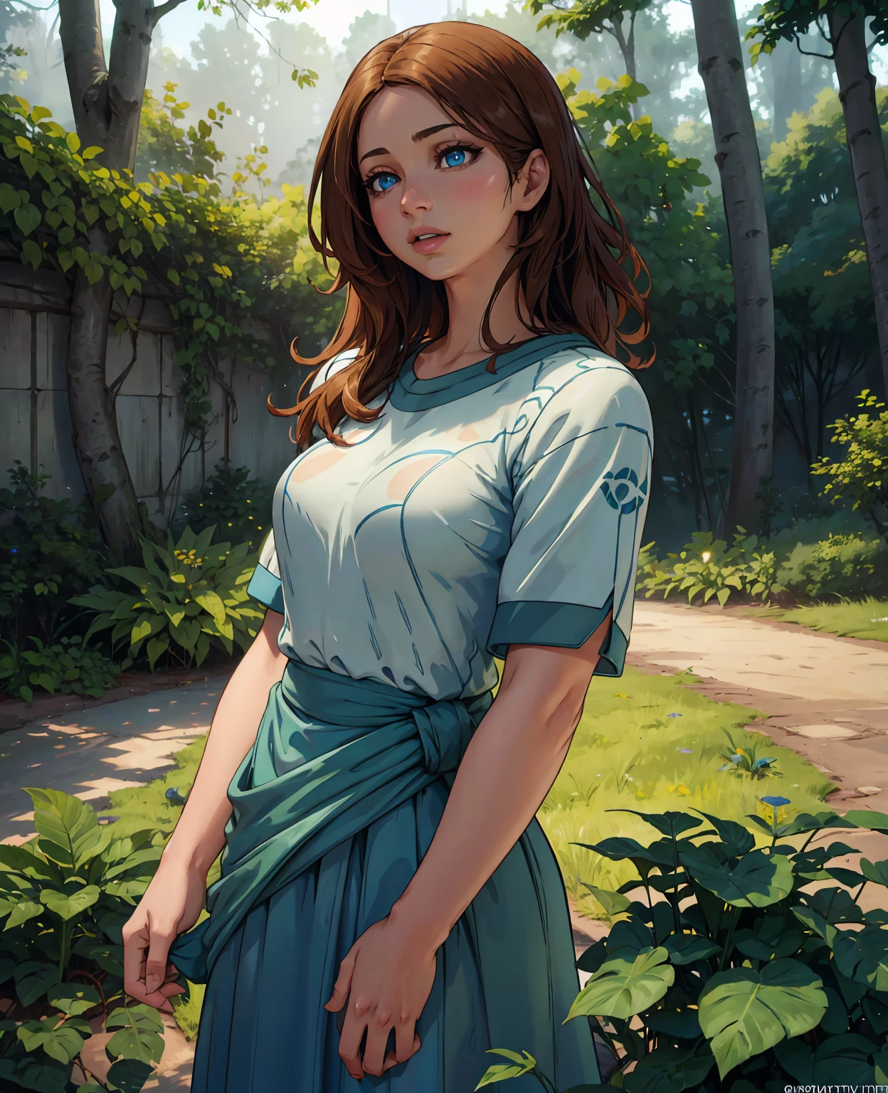 a beautiful young woman with long brown hair, stunning blue eyes, delicate facial features, wearing a blue and white outfit, standing in a lush forest setting, (best quality,4k,8k,highres,masterpiece:1.2),ultra-detailed,(realistic,photorealistic,photo-realistic:1.37),detailed eyes,long eyelashes,beautiful detailed lips,extremely detailed face,1girl,fantasy,pokemon,video game,character,game art,digital art,vibrant colors,natural lighting,cinematic composition