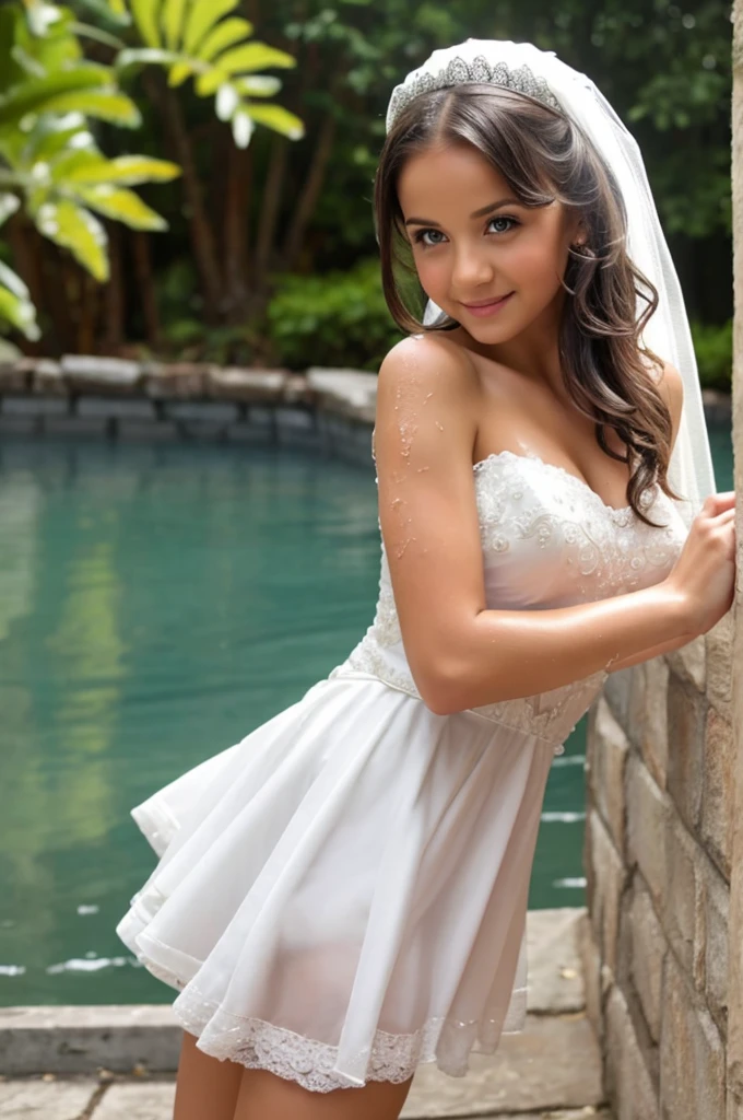 Cute girl in wet white wedding dress showing panties