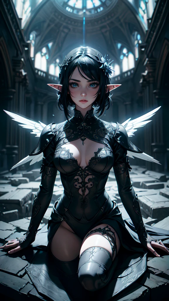 a beautiful flower angel, futuristic gothic style, extremely detailed face and body, anime-inspired, photorealistic, cinematic lighting, intricate floral patterns, ethereal wings, dramatic pose, moody color palette, volumetric light effects, hyper-realistic textures, ornate gothic architecture, stunning digital art,detalhado, dramatic light, (Detalhes co,detailed face, detailed eyes, detailed hands, elf woman, full body