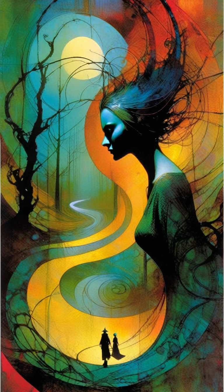 winding path, art inspired by Bill Sienkiewicz and dave mckean