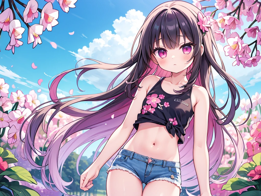 1 cute girl flower field, (a lot of Cyclamen Flowers all over the place:1.3) themed beautiful outdoor background and (wearing same colored Hollister Co. tie-dye tank top with distressed jeans shorts and flip-flops., extreme intricately detailed floral lace embroidery:1.3), (spread legs,arms over head:0.95),
BREAK (beautiful very long and thin thighs stretching straight from her small hip:1.3),
BREAK extreme close-up thighs, watercolor, reflection, highlight and shadow, ray tracing, dynamic angle, depth of field, (The wind blows, Vegetation and skirt and hair fluttering in the wind), 1000+ scatter petals,