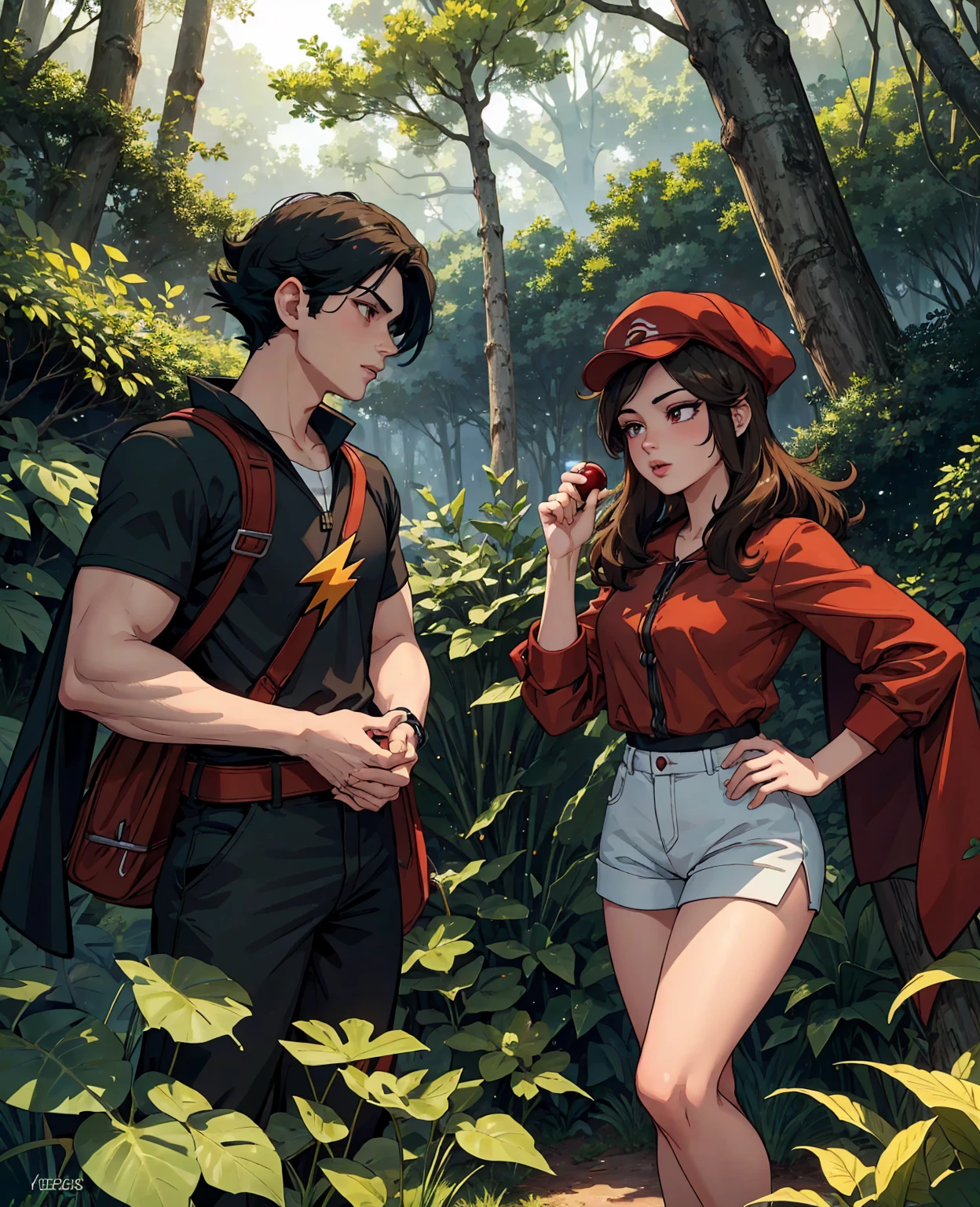 a young man with brown hair,beautiful detailed eyes,beautiful detailed lips,extremely detailed eyes and face,longeyelashes,wearing a red hat with a lightning bolt,red and black outfit,ash ketchum pokemon trainer,standing in a lush green forest with trees and bushes,cinematic lighting,vibrant colors,8k,highly detailed,photorealistic,masterpiece