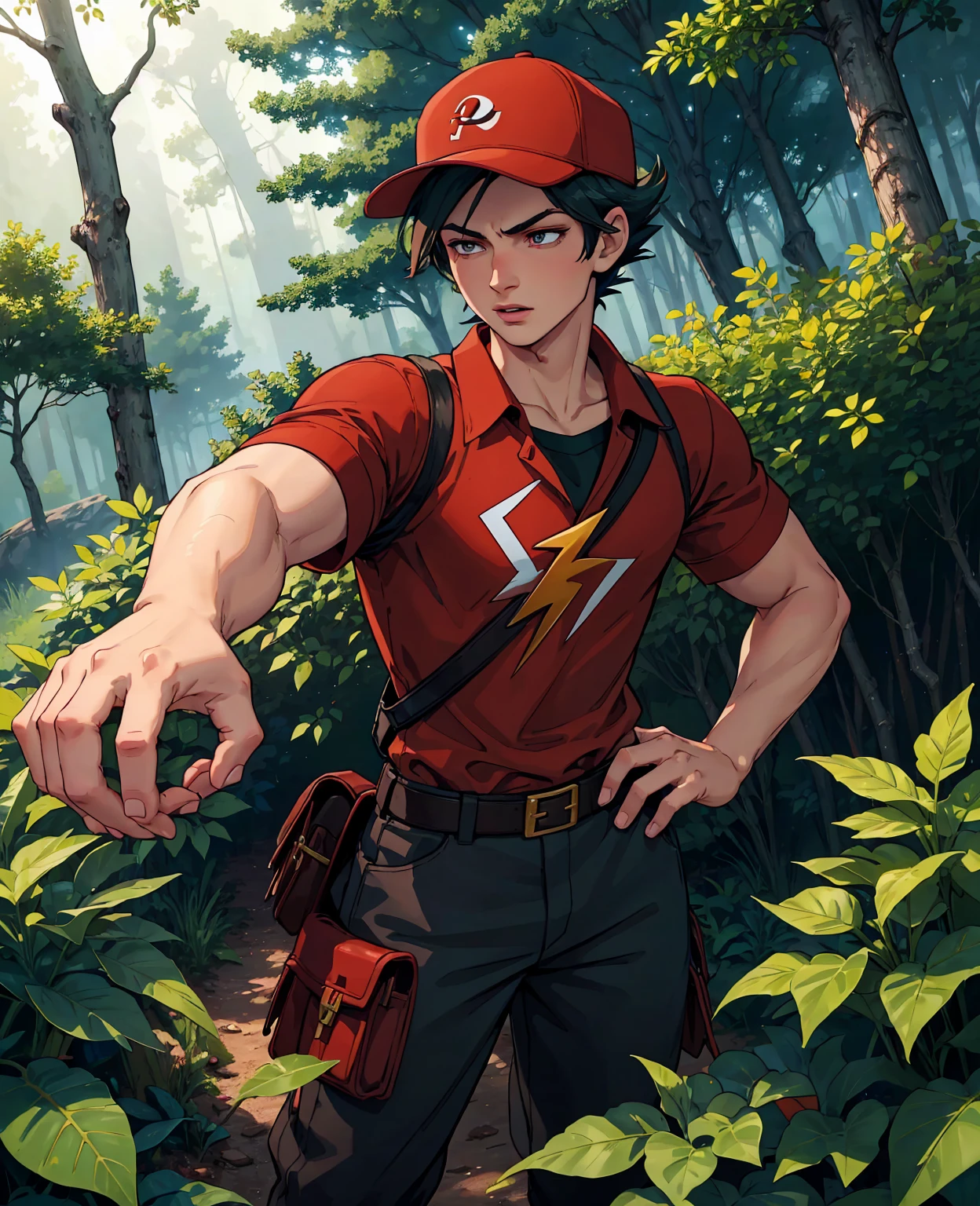 a young man with brown hair,beautiful detailed eyes,beautiful detailed lips,extremely detailed eyes and face,longeyelashes,wearing a red hat with a lightning bolt,red and black outfit,ash ketchum pokemon trainer,standing in a lush green forest with trees and bushes,cinematic lighting,vibrant colors,8k,highly detailed,photorealistic,masterpiece