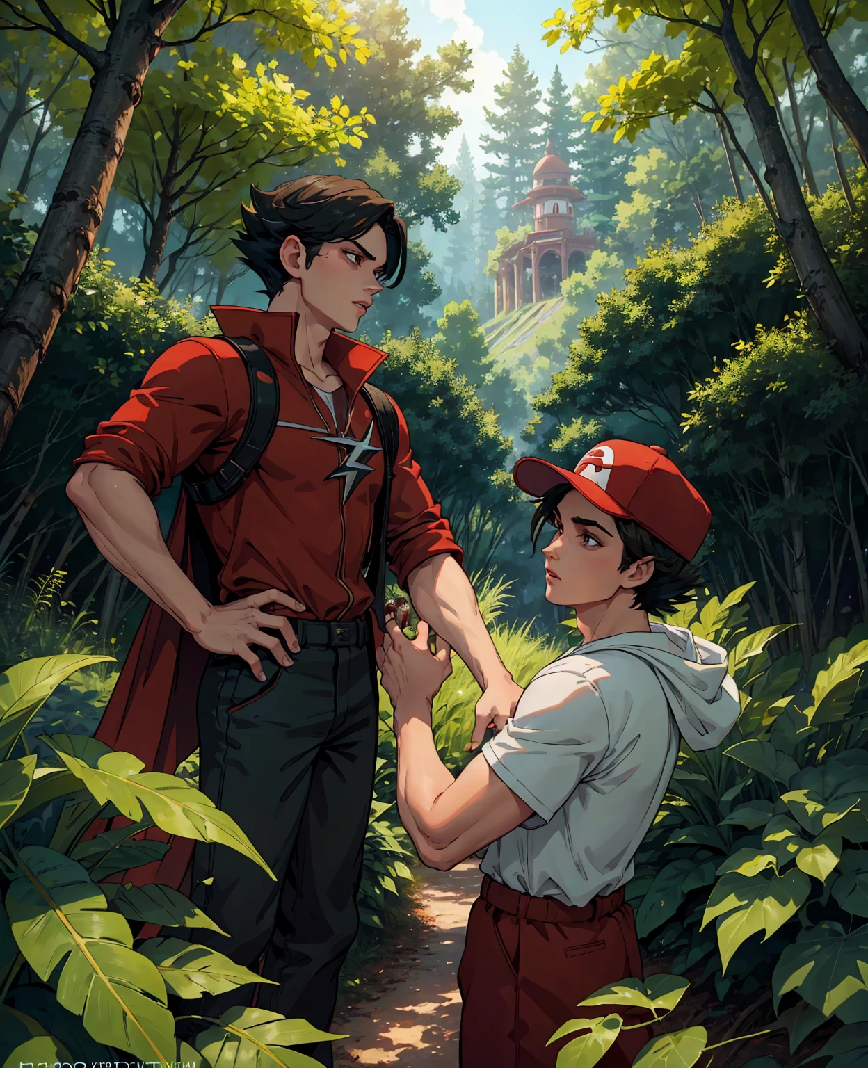 a young man with brown hair,beautiful detailed eyes,beautiful detailed lips,extremely detailed eyes and face,longeyelashes,wearing a red hat with a lightning bolt,red and black outfit,ash ketchum pokemon trainer,standing in a lush green forest with trees and bushes,cinematic lighting,vibrant colors,8k,highly detailed,photorealistic,masterpiece