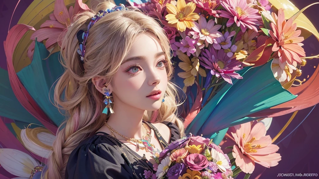 32K, 最高quality, 最高masterpiece, (ultra-Detailed Background, Detailed Background), High resolution, Super detailed, Very detailedな, One girl, (bouquet:1.3), (Tangled:1.2), (Geometric:1.2),(colorful),(masterpiece, quality, best quality, Official Art, Beautiful and beautiful:1.2), (1 girl:1.3), Very detailed,(colorful:1.1)(Flowers:1.3),Most detailed,(Tangled:1.2), whole body, (Abstract background:1.3), (Skin glows), (Many colors:1.4), ,(Earrings Jewelry:1.5), Gradient pink background,