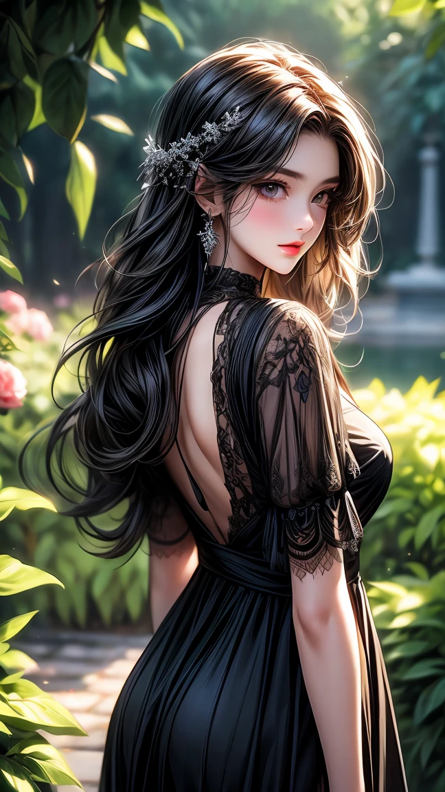 girl in the garden,detailed and beautiful eyes,detailed eyes､beautiful detailed lips,Highly detailed eyes and face,black eyes､long eyelashes,figure,Super detailed,最high quality,4K, 8k,High resolution,masterpiece:1.2,Ultra-fine painting,sharp focus,Professional,Bright colors､sexly､masterpiece, 最high quality, high quality, High resolution､cinematic lighting､((view from behind))