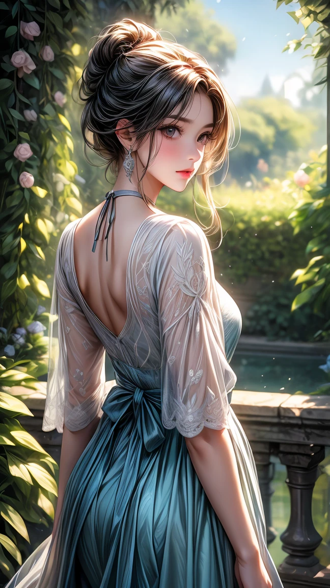 girl in the garden,detailed and beautiful eyes,detailed eyes、beautiful detailed lips,Highly detailed eyes and face,black eyes、long eyelashes,figure,Super detailed,最high quality,4K, 8k,High resolution,masterpiece:1.2,Ultra-fine painting,sharp focus,Professional,Bright colors、sexly、masterpiece, 最high quality, high quality, High resolution、cinematic lighting、((view from behind))
