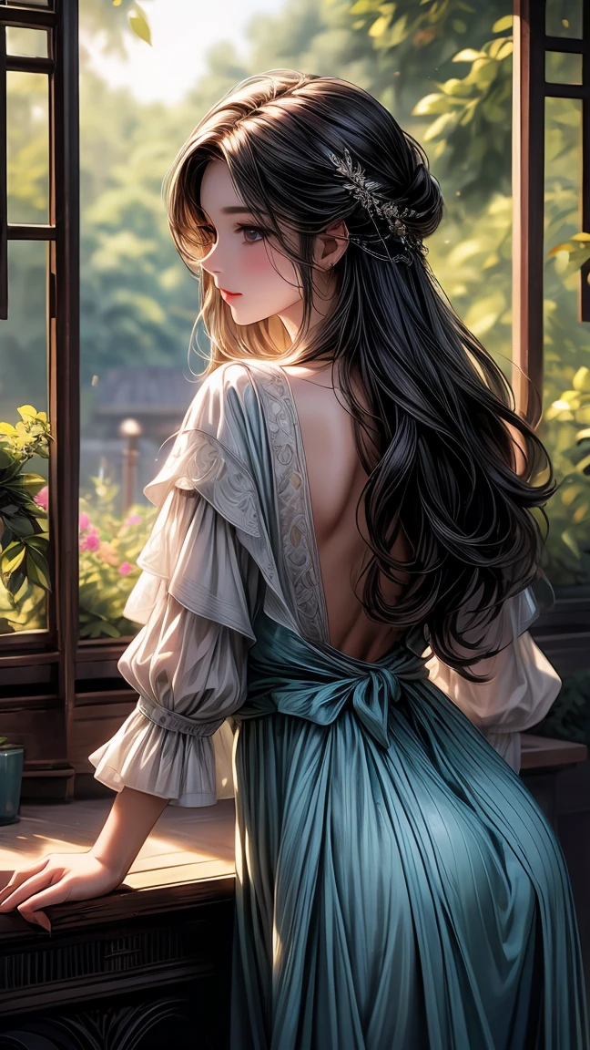 girl in the garden,detailed and beautiful eyes,detailed eyes､beautiful detailed lips,Highly detailed eyes and face,black eyes､long eyelashes,figure,Super detailed,最high quality,4K, 8k,High resolution,masterpiece:1.2,Ultra-fine painting,sharp focus,Professional,Bright colors､sexly､masterpiece, 最high quality, high quality, High resolution､cinematic lighting､((view from behind))
