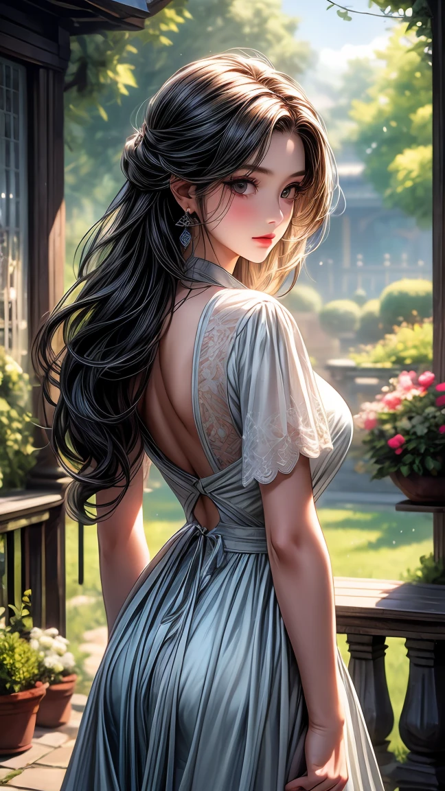 girl in the garden,detailed and beautiful eyes,detailed eyes、beautiful detailed lips,Highly detailed eyes and face,black eyes、long eyelashes,figure,Super detailed,最high quality,4K, 8k,High resolution,masterpiece:1.2,Ultra-fine painting,sharp focus,Professional,Bright colors、sexly、masterpiece, 最high quality, high quality, High resolution、cinematic lighting、((view from behind))