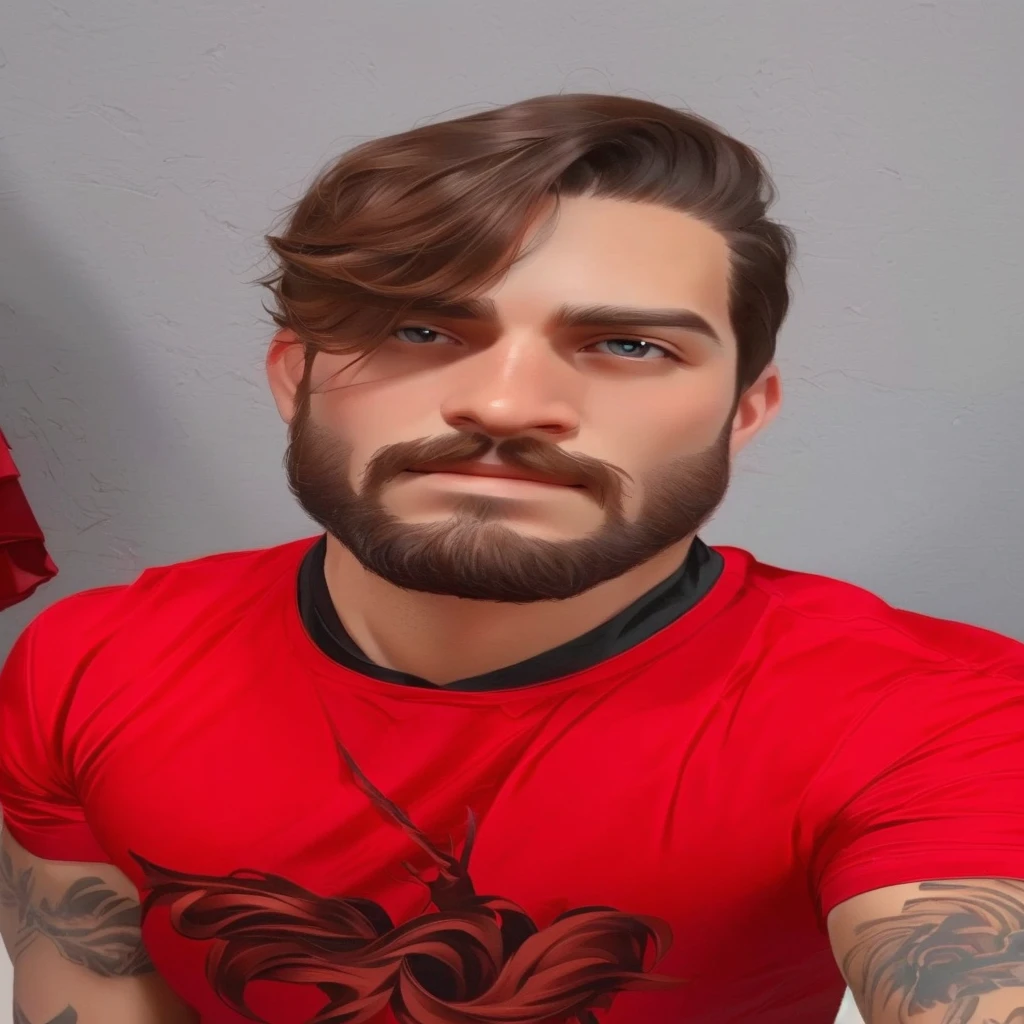 There is a man with a beard and a red shirt, barba, straight, light brown hair, eyes browns, profile image