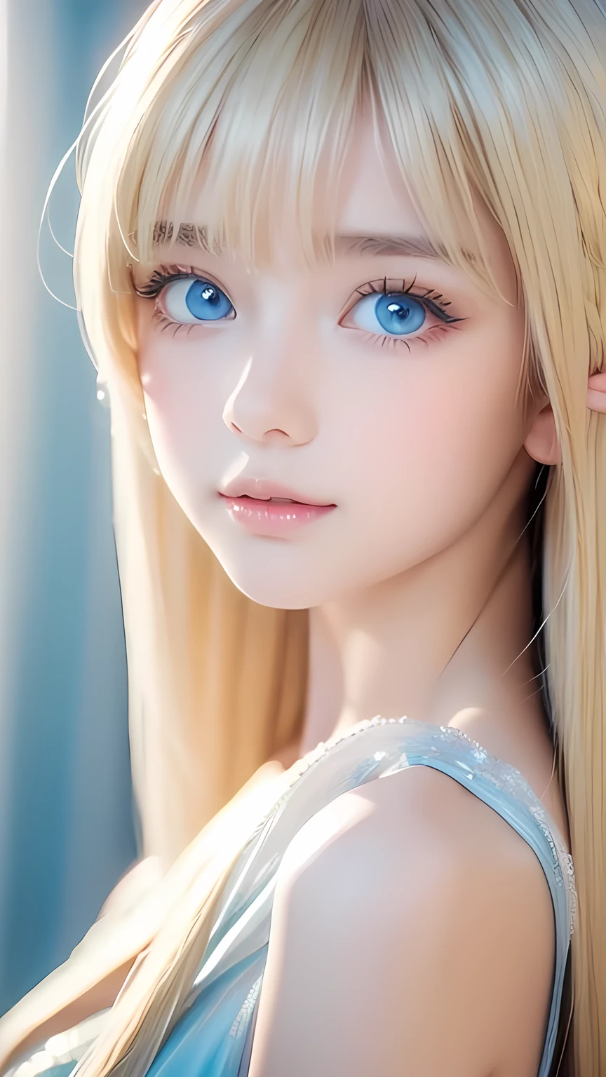 Crystal clear and shiny skin、Cute 13 year old with beautiful face、Very large, beautiful, bright, pale sky blue eyes、Very big eyes、Super long straight hair that shines in the light、Long, silky bangs that cover her cute eyes、Hair that hides sexy features、too long bangs、Sexy and cute young beauty、Super long natural young blonde hair with sparkling highlights Blonde over one eye Blonde over one eye、Blonde hair between the eyes