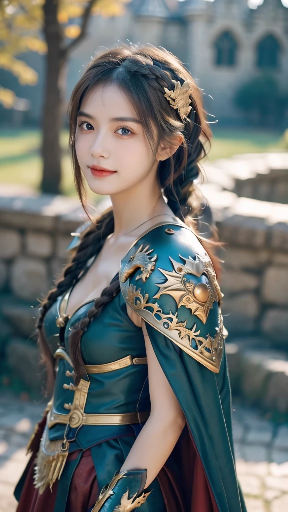 masterpiece, The best quality, Ultra-high resolution, High detail photo, Unity 8K Wallpaper, Extremely detailed CG:1.2), depth of field, bokeh, (RAW photo:1.realistic photography:1.4), (1girl:1.5), young, physically based representation, beautiful, (Finely detailed face:1.4, detailed clothing), (detailed:1.4) named (Eimi Fukada:1.1) BREAK Cara hermosa, depth of field, Add layer, hyperrealistic, 27 years old, perfect body model, perfect breasts, 175cm tall, pose sexy, full body, Whole body, Model Body Type, BREAK (extreme skin details:1.1), skin details, (metal Valkyrie costume:1.3), (cape:1.3), double eyelid BREAK smile, seductive pose, standing, standing outside, medieval house, outdoor, medieval style, (castle:1.3), (close up:0.3), french braids, Nikon Z7 II camera, Fuji Velvia 50 film, 50mm lens, high saturation, (small dragon:1.5)