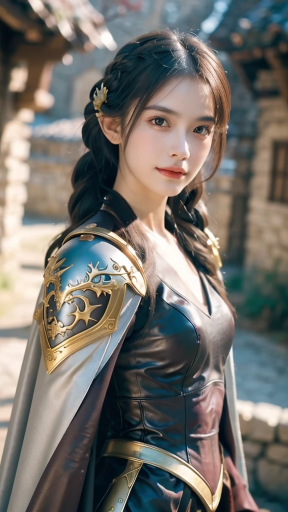 masterpiece, The best quality, Ultra-high resolution, High detail photo, Unity 8K Wallpaper, Extremely detailed CG:1.2), depth of field, bokeh, (RAW photo:1.realistic photography:1.4), (1girl:1.5), young, physically based representation, beautiful, (Finely detailed face:1.4, detailed clothing), (detailed:1.4) named (Eimi Fukada:1.1) BREAK Cara hermosa, depth of field, Add layer, hyperrealistic, 27 years old, perfect body model, perfect breasts, 175cm tall, pose sexy, full body, Whole body, Model Body Type, BREAK (extreme skin details:1.1), skin details, (metal Valkyrie costume:1.3), (cape:1.3), double eyelid BREAK smile, seductive pose, standing, standing outside, medieval house, outdoor, medieval style, (castle:1.3), (close up:0.3), french braids, Nikon Z7 II camera, Fuji Velvia 50 film, 50mm lens, high saturation, (small dragon:1.5)