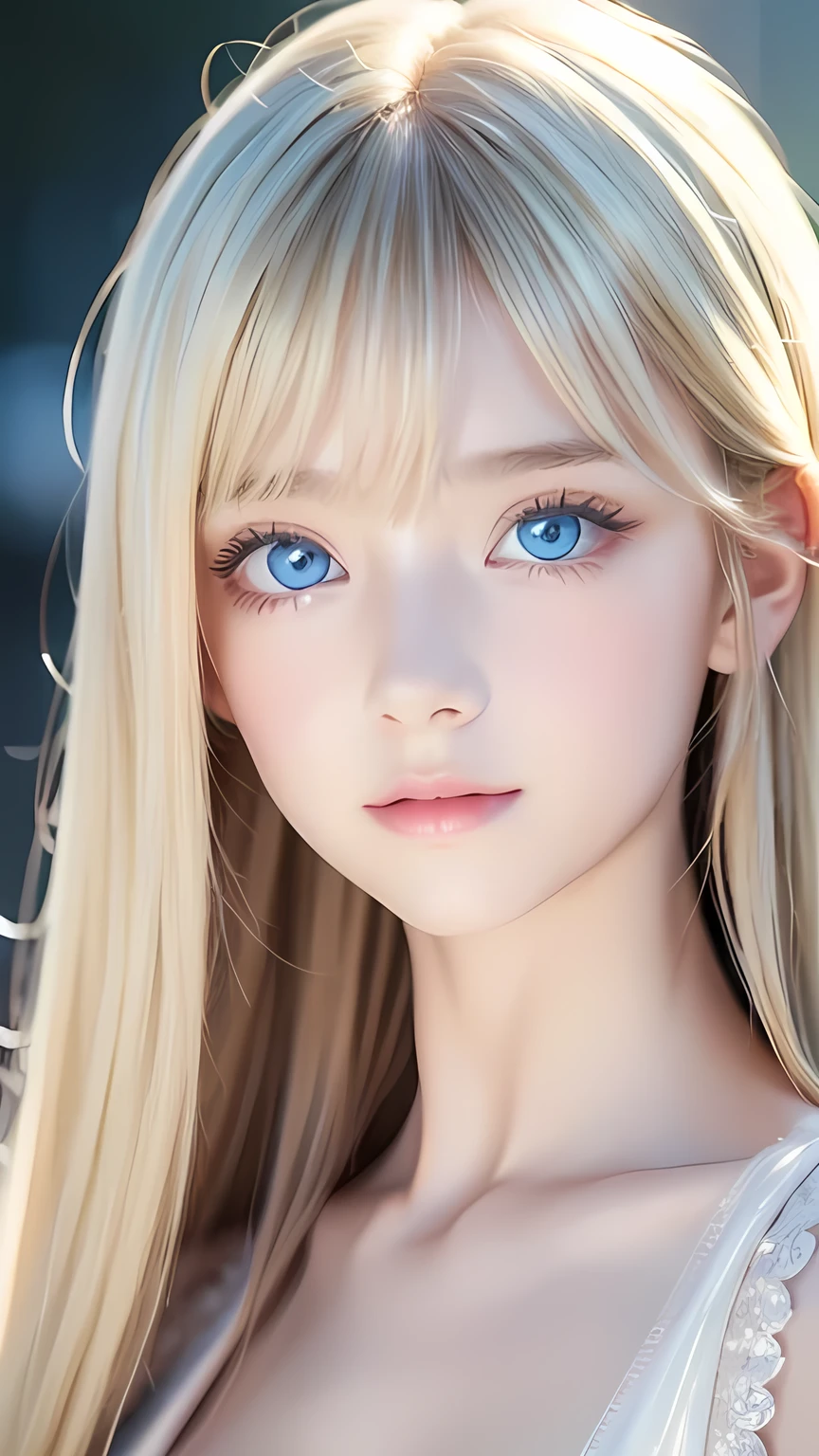 Crystal clear and shiny skin、Cute 13 year old with beautiful face、Very large, beautiful, bright, pale sky blue eyes、Very big eyes、Super long straight hair that shines in the light、Long, silky bangs that cover her cute eyes、Hair that hides sexy features、too long bangs、Sexy and cute young beauty、Super long natural young blonde hair with sparkling highlights Blonde over one eye Blonde over one eye、Blonde hair between the eyes