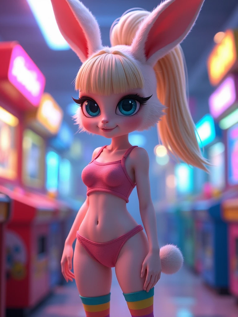female, anthropomorphic rabbit, white fur, blue eyes, solo, blonde hair, ponytail, straight bangs, blue eyes, short, curvy body, flat chest, pink croptop, shorts, rainbow thigh high, indoors, arcade, highly detailed, realistic